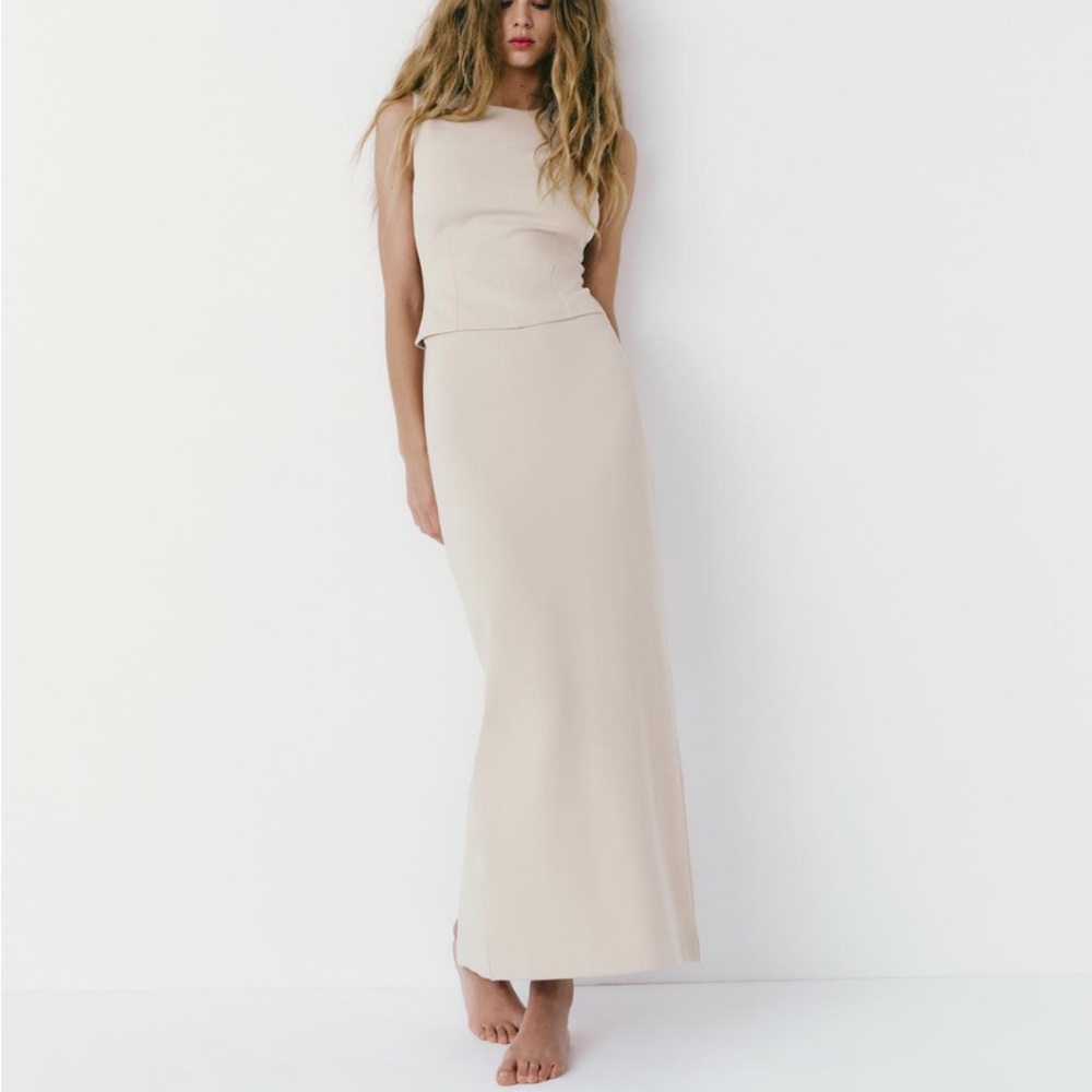 Zara Interlock Long Skirt & Top Medium Stone Ecru